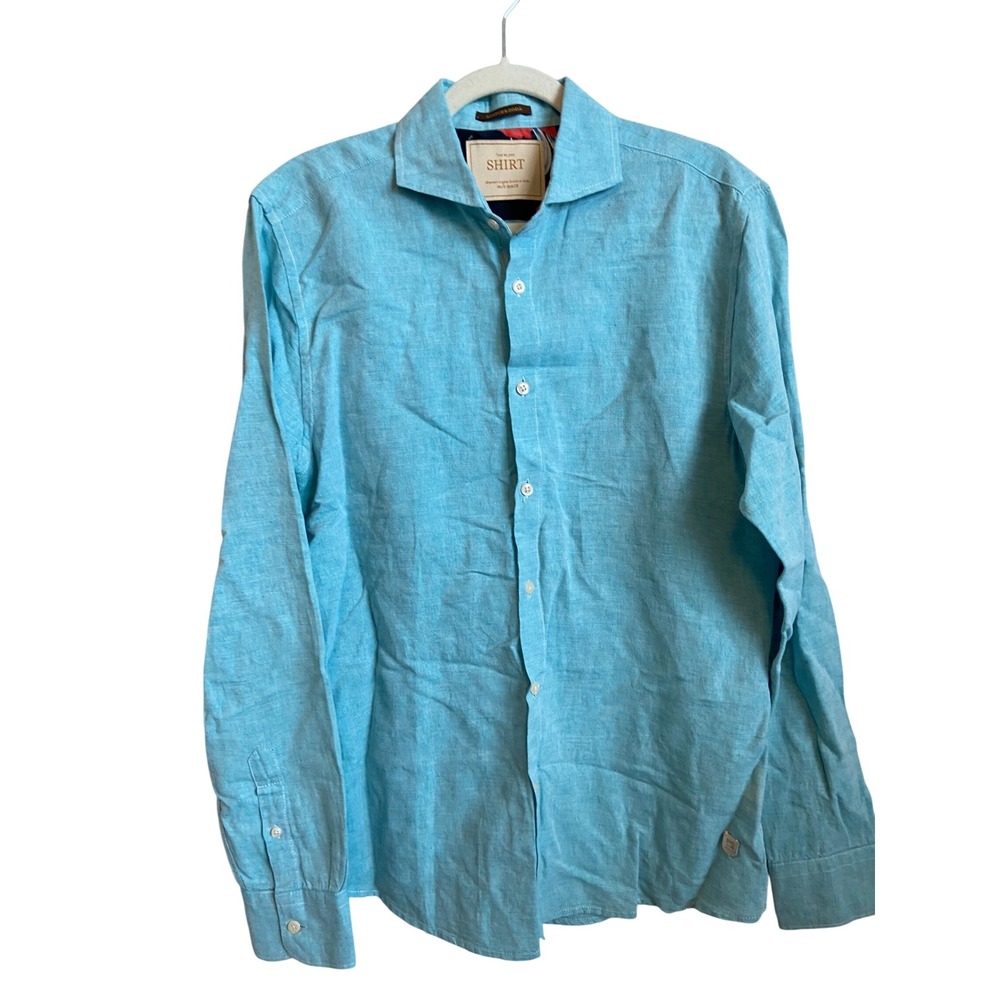 Scotch & Soda Mens Turquoise Blue‎ Linen Blend Long Sleeve Button Down Shirt L